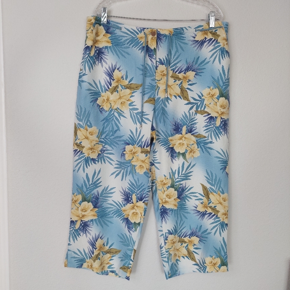 Kriss Kross Floral Tropical 100% Silk‎ Pants Capris Size 16